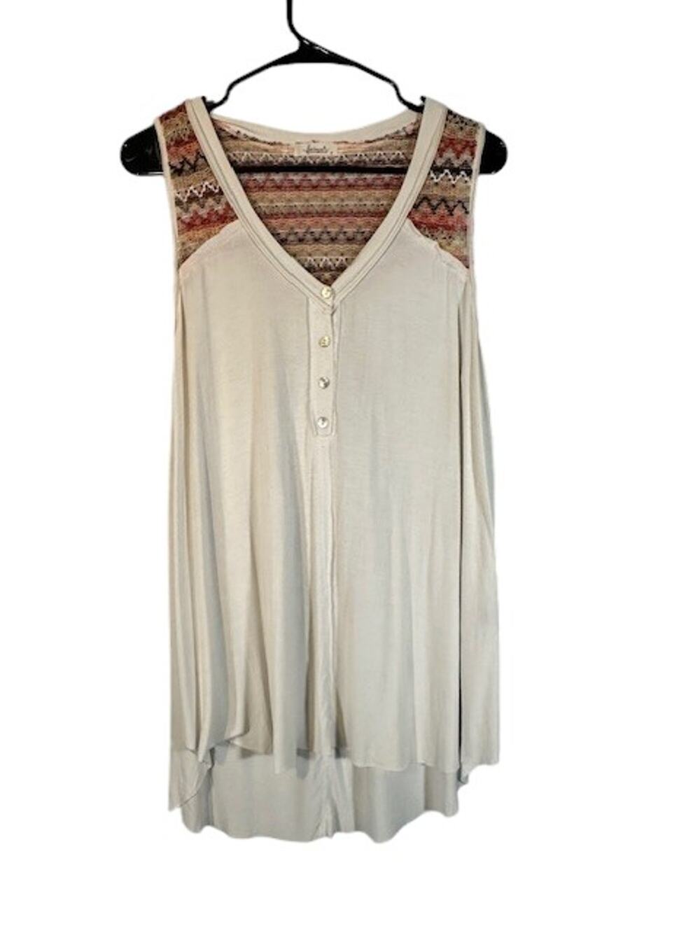 Faveur White Sleeveless Boho Aztec Henley Long Tank Top Women Sz M
